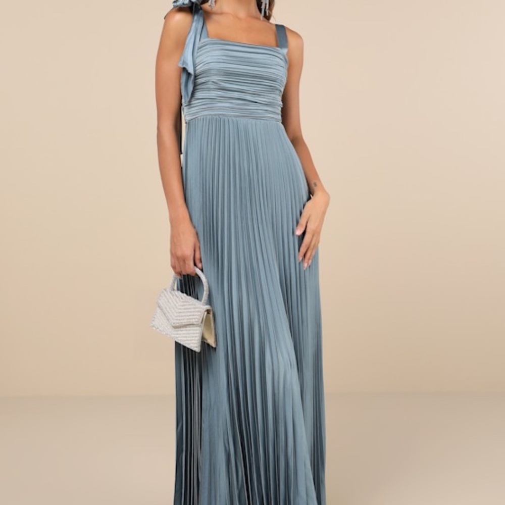 Gorgeous Purpose Slate Satin Pleated Sleeveless Bow Maxi Dress